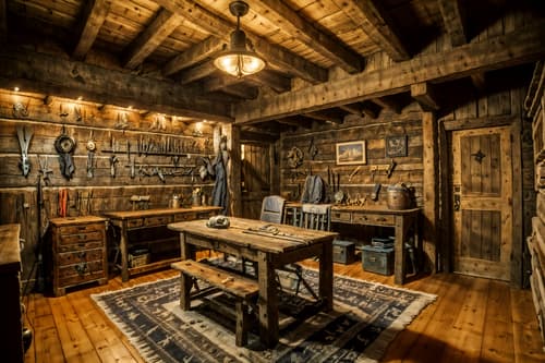 photo from pinterest of ski chalet-style interior designed (workshop interior) with wooden workbench and tool wall and messy and wooden workbench. . with wooden walls and exposed wood and ski-themed decor and animal furs and animal rugs and exposed construction beams and mountain-inspired and layered textiles. . cinematic photo, highly detailed, cinematic lighting, ultra-detailed, ultrarealistic, photorealism, 8k. trending on pinterest. ski chalet interior design style. masterpiece, cinematic light, ultrarealistic+, photorealistic+, 8k, raw photo, realistic, sharp focus on eyes, (symmetrical eyes), (intact eyes), hyperrealistic, highest quality, best quality, , highly detailed, masterpiece, best quality, extremely detailed 8k wallpaper, masterpiece, best quality, ultra-detailed, best shadow, detailed background, detailed face, detailed eyes, high contrast, best illumination, detailed face, dulux, caustic, dynamic angle, detailed glow. dramatic lighting. highly detailed, insanely detailed hair, symmetrical, intricate details, professionally retouched, 8k high definition. strong bokeh. award winning photo.