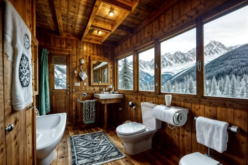 photo from pinterest of ski chalet-style interior designed (toilet interior) with sink with tap and toilet paper hanger and toilet with toilet seat up and sink with tap. . with exposed wood and richly patterned fabrics and exposed timber and animal furs and window with mountain views and animal rugs and layered textiles and mountain-inspired. . cinematic photo, highly detailed, cinematic lighting, ultra-detailed, ultrarealistic, photorealism, 8k. trending on pinterest. ski chalet interior design style. masterpiece, cinematic light, ultrarealistic+, photorealistic+, 8k, raw photo, realistic, sharp focus on eyes, (symmetrical eyes), (intact eyes), hyperrealistic, highest quality, best quality, , highly detailed, masterpiece, best quality, extremely detailed 8k wallpaper, masterpiece, best quality, ultra-detailed, best shadow, detailed background, detailed face, detailed eyes, high contrast, best illumination, detailed face, dulux, caustic, dynamic angle, detailed glow. dramatic lighting. highly detailed, insanely detailed hair, symmetrical, intricate details, professionally retouched, 8k high definition. strong bokeh. award winning photo.