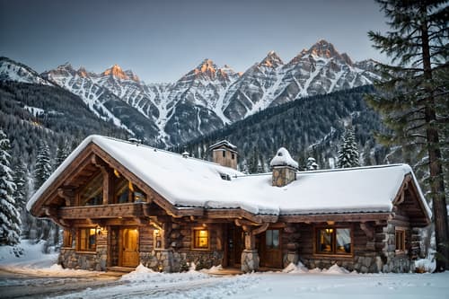 photo from pinterest of ski chalet-style exterior designed (house exterior exterior) . with exposed wood and wood beams and mountain-inspired and hanging wall elk antler and window with mountain views and animal motifs and exposed timber and stone fireplace. . cinematic photo, highly detailed, cinematic lighting, ultra-detailed, ultrarealistic, photorealism, 8k. trending on pinterest. ski chalet exterior design style. masterpiece, cinematic light, ultrarealistic+, photorealistic+, 8k, raw photo, realistic, sharp focus on eyes, (symmetrical eyes), (intact eyes), hyperrealistic, highest quality, best quality, , highly detailed, masterpiece, best quality, extremely detailed 8k wallpaper, masterpiece, best quality, ultra-detailed, best shadow, detailed background, detailed face, detailed eyes, high contrast, best illumination, detailed face, dulux, caustic, dynamic angle, detailed glow. dramatic lighting. highly detailed, insanely detailed hair, symmetrical, intricate details, professionally retouched, 8k high definition. strong bokeh. award winning photo.