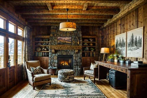 photo from pinterest of ski chalet-style interior designed (home office interior) with office chair and computer desk and plant and desk lamp and cabinets and office chair. . with exposed wood and nature-inspired and richly patterned fabrics and layered textiles and stone fireplace and animal furs and exposed construction beams and hanging wall elk antler. . cinematic photo, highly detailed, cinematic lighting, ultra-detailed, ultrarealistic, photorealism, 8k. trending on pinterest. ski chalet interior design style. masterpiece, cinematic light, ultrarealistic+, photorealistic+, 8k, raw photo, realistic, sharp focus on eyes, (symmetrical eyes), (intact eyes), hyperrealistic, highest quality, best quality, , highly detailed, masterpiece, best quality, extremely detailed 8k wallpaper, masterpiece, best quality, ultra-detailed, best shadow, detailed background, detailed face, detailed eyes, high contrast, best illumination, detailed face, dulux, caustic, dynamic angle, detailed glow. dramatic lighting. highly detailed, insanely detailed hair, symmetrical, intricate details, professionally retouched, 8k high definition. strong bokeh. award winning photo.