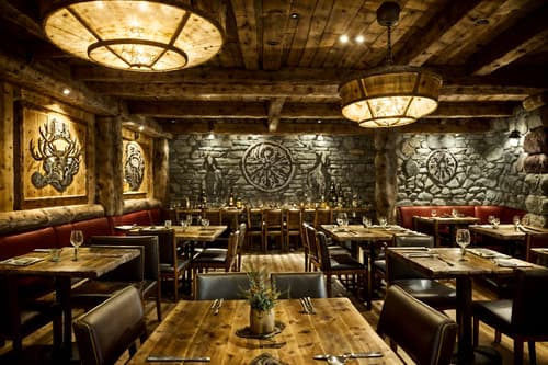photo from pinterest of ski chalet-style interior designed (restaurant interior) with restaurant dining tables and restaurant decor and restaurant chairs and restaurant bar and restaurant dining tables. . with ski-themed decor and richly patterned fabrics and layered textiles and animal motifs and animal furs and rustic and stone fireplace and hanging wall elk antler. . cinematic photo, highly detailed, cinematic lighting, ultra-detailed, ultrarealistic, photorealism, 8k. trending on pinterest. ski chalet interior design style. masterpiece, cinematic light, ultrarealistic+, photorealistic+, 8k, raw photo, realistic, sharp focus on eyes, (symmetrical eyes), (intact eyes), hyperrealistic, highest quality, best quality, , highly detailed, masterpiece, best quality, extremely detailed 8k wallpaper, masterpiece, best quality, ultra-detailed, best shadow, detailed background, detailed face, detailed eyes, high contrast, best illumination, detailed face, dulux, caustic, dynamic angle, detailed glow. dramatic lighting. highly detailed, insanely detailed hair, symmetrical, intricate details, professionally retouched, 8k high definition. strong bokeh. award winning photo.