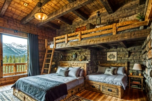 photo from pinterest of ski chalet-style interior designed (kids room interior) with storage bench or ottoman and kids desk and accent chair and headboard and night light and plant and bedside table or night stand and bed. . with rustic and wooden walls and layered textiles and exposed construction beams and stone fireplace and stone fireplace and wood beams and window with mountain views. . cinematic photo, highly detailed, cinematic lighting, ultra-detailed, ultrarealistic, photorealism, 8k. trending on pinterest. ski chalet interior design style. masterpiece, cinematic light, ultrarealistic+, photorealistic+, 8k, raw photo, realistic, sharp focus on eyes, (symmetrical eyes), (intact eyes), hyperrealistic, highest quality, best quality, , highly detailed, masterpiece, best quality, extremely detailed 8k wallpaper, masterpiece, best quality, ultra-detailed, best shadow, detailed background, detailed face, detailed eyes, high contrast, best illumination, detailed face, dulux, caustic, dynamic angle, detailed glow. dramatic lighting. highly detailed, insanely detailed hair, symmetrical, intricate details, professionally retouched, 8k high definition. strong bokeh. award winning photo.