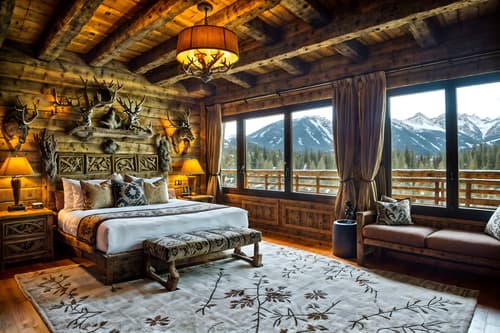photo from pinterest of ski chalet-style interior designed (hotel room interior) with plant and mirror and bed and hotel bathroom and dresser closet and storage bench or ottoman and headboard and night light. . with mountain-inspired and exposed wood and rustic and decorative carving and mouldings and ski-themed decor and animal rugs and richly patterned fabrics and hanging wall elk antler. . cinematic photo, highly detailed, cinematic lighting, ultra-detailed, ultrarealistic, photorealism, 8k. trending on pinterest. ski chalet interior design style. masterpiece, cinematic light, ultrarealistic+, photorealistic+, 8k, raw photo, realistic, sharp focus on eyes, (symmetrical eyes), (intact eyes), hyperrealistic, highest quality, best quality, , highly detailed, masterpiece, best quality, extremely detailed 8k wallpaper, masterpiece, best quality, ultra-detailed, best shadow, detailed background, detailed face, detailed eyes, high contrast, best illumination, detailed face, dulux, caustic, dynamic angle, detailed glow. dramatic lighting. highly detailed, insanely detailed hair, symmetrical, intricate details, professionally retouched, 8k high definition. strong bokeh. award winning photo.