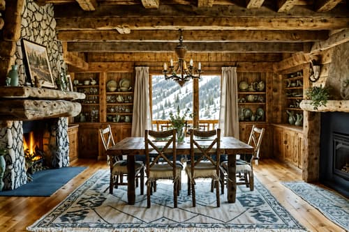 photo from pinterest of ski chalet-style interior designed (dining room interior) with light or chandelier and vase and plates, cutlery and glasses on dining table and painting or photo on wall and table cloth and dining table chairs and plant and bookshelves. . with exposed construction beams and layered textiles and animal motifs and wooden logs and exposed timber and stone fireplace and exposed wood and wood beams. . cinematic photo, highly detailed, cinematic lighting, ultra-detailed, ultrarealistic, photorealism, 8k. trending on pinterest. ski chalet interior design style. masterpiece, cinematic light, ultrarealistic+, photorealistic+, 8k, raw photo, realistic, sharp focus on eyes, (symmetrical eyes), (intact eyes), hyperrealistic, highest quality, best quality, , highly detailed, masterpiece, best quality, extremely detailed 8k wallpaper, masterpiece, best quality, ultra-detailed, best shadow, detailed background, detailed face, detailed eyes, high contrast, best illumination, detailed face, dulux, caustic, dynamic angle, detailed glow. dramatic lighting. highly detailed, insanely detailed hair, symmetrical, intricate details, professionally retouched, 8k high definition. strong bokeh. award winning photo.