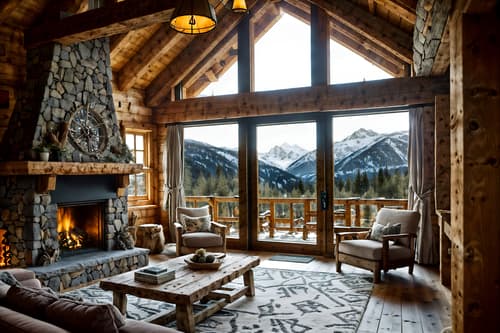 photo from pinterest of ski chalet-style interior designed (clothing store interior) . with nature-inspired and exposed construction beams and window with mountain views and stone fireplace and layered textiles and exposed wood and stone fireplace and animal motifs. . cinematic photo, highly detailed, cinematic lighting, ultra-detailed, ultrarealistic, photorealism, 8k. trending on pinterest. ski chalet interior design style. masterpiece, cinematic light, ultrarealistic+, photorealistic+, 8k, raw photo, realistic, sharp focus on eyes, (symmetrical eyes), (intact eyes), hyperrealistic, highest quality, best quality, , highly detailed, masterpiece, best quality, extremely detailed 8k wallpaper, masterpiece, best quality, ultra-detailed, best shadow, detailed background, detailed face, detailed eyes, high contrast, best illumination, detailed face, dulux, caustic, dynamic angle, detailed glow. dramatic lighting. highly detailed, insanely detailed hair, symmetrical, intricate details, professionally retouched, 8k high definition. strong bokeh. award winning photo.