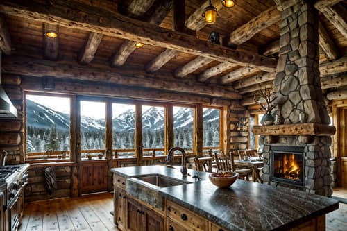 photo from pinterest of ski chalet-style interior designed (kitchen interior) with sink and kitchen cabinets and plant and stove and refrigerator and worktops and sink. . with animal furs and stone fireplace and stone fireplace and window with mountain views and exposed timber and wood beams and wooden logs and hanging wall elk antler. . cinematic photo, highly detailed, cinematic lighting, ultra-detailed, ultrarealistic, photorealism, 8k. trending on pinterest. ski chalet interior design style. masterpiece, cinematic light, ultrarealistic+, photorealistic+, 8k, raw photo, realistic, sharp focus on eyes, (symmetrical eyes), (intact eyes), hyperrealistic, highest quality, best quality, , highly detailed, masterpiece, best quality, extremely detailed 8k wallpaper, masterpiece, best quality, ultra-detailed, best shadow, detailed background, detailed face, detailed eyes, high contrast, best illumination, detailed face, dulux, caustic, dynamic angle, detailed glow. dramatic lighting. highly detailed, insanely detailed hair, symmetrical, intricate details, professionally retouched, 8k high definition. strong bokeh. award winning photo.