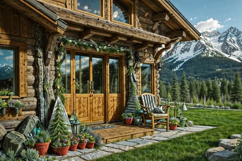photo from pinterest of ski chalet-style designed (outdoor garden ) with garden tree and grass and garden plants and garden tree. . with ski-themed decor and hanging wall elk antler and exposed wood and window with mountain views and richly patterned fabrics and animal furs and layered textiles and animal motifs. . cinematic photo, highly detailed, cinematic lighting, ultra-detailed, ultrarealistic, photorealism, 8k. trending on pinterest. ski chalet design style. masterpiece, cinematic light, ultrarealistic+, photorealistic+, 8k, raw photo, realistic, sharp focus on eyes, (symmetrical eyes), (intact eyes), hyperrealistic, highest quality, best quality, , highly detailed, masterpiece, best quality, extremely detailed 8k wallpaper, masterpiece, best quality, ultra-detailed, best shadow, detailed background, detailed face, detailed eyes, high contrast, best illumination, detailed face, dulux, caustic, dynamic angle, detailed glow. dramatic lighting. highly detailed, insanely detailed hair, symmetrical, intricate details, professionally retouched, 8k high definition. strong bokeh. award winning photo.