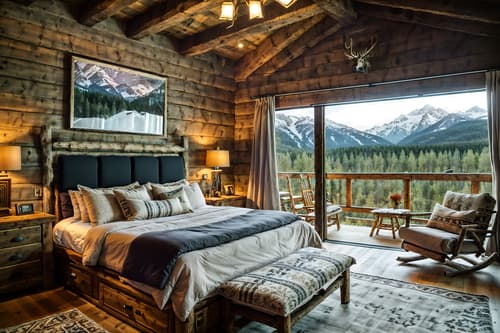 photo from pinterest of ski chalet-style interior designed (bedroom interior) with mirror and storage bench or ottoman and headboard and plant and night light and bedside table or night stand and dresser closet and accent chair. . with exposed construction beams and mountain-inspired and richly patterned fabrics and wooden walls and wood beams and nature-inspired and layered textiles and hanging wall elk antler. . cinematic photo, highly detailed, cinematic lighting, ultra-detailed, ultrarealistic, photorealism, 8k. trending on pinterest. ski chalet interior design style. masterpiece, cinematic light, ultrarealistic+, photorealistic+, 8k, raw photo, realistic, sharp focus on eyes, (symmetrical eyes), (intact eyes), hyperrealistic, highest quality, best quality, , highly detailed, masterpiece, best quality, extremely detailed 8k wallpaper, masterpiece, best quality, ultra-detailed, best shadow, detailed background, detailed face, detailed eyes, high contrast, best illumination, detailed face, dulux, caustic, dynamic angle, detailed glow. dramatic lighting. highly detailed, insanely detailed hair, symmetrical, intricate details, professionally retouched, 8k high definition. strong bokeh. award winning photo.