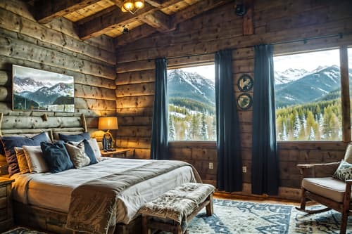 photo from pinterest of ski chalet-style interior designed (bedroom interior) with mirror and storage bench or ottoman and headboard and plant and night light and bedside table or night stand and dresser closet and accent chair. . with exposed construction beams and mountain-inspired and richly patterned fabrics and wooden walls and wood beams and nature-inspired and layered textiles and hanging wall elk antler. . cinematic photo, highly detailed, cinematic lighting, ultra-detailed, ultrarealistic, photorealism, 8k. trending on pinterest. ski chalet interior design style. masterpiece, cinematic light, ultrarealistic+, photorealistic+, 8k, raw photo, realistic, sharp focus on eyes, (symmetrical eyes), (intact eyes), hyperrealistic, highest quality, best quality, , highly detailed, masterpiece, best quality, extremely detailed 8k wallpaper, masterpiece, best quality, ultra-detailed, best shadow, detailed background, detailed face, detailed eyes, high contrast, best illumination, detailed face, dulux, caustic, dynamic angle, detailed glow. dramatic lighting. highly detailed, insanely detailed hair, symmetrical, intricate details, professionally retouched, 8k high definition. strong bokeh. award winning photo.