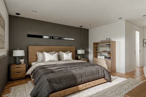 Photo from Pinterest of Modern-style interior designed (bedroom interior) With storage bench or ottoman and night light and accent chair and headboard and bedside table or night stand and dresser closet and plant and bed. . With Simple, Clean Lines and Simplistic Furniture and Neutral Walls and Textures and Natural Materials and Elements and Open and Natural Lighting and Practicality and Functionality and Simple, Clean Lines and Simplistic Furniture. . Cinematic photo, highly detailed, cinematic lighting, ultra-detailed, ultrarealistic, photorealism, 8k. Trending on Pinterest. Modern interior design style