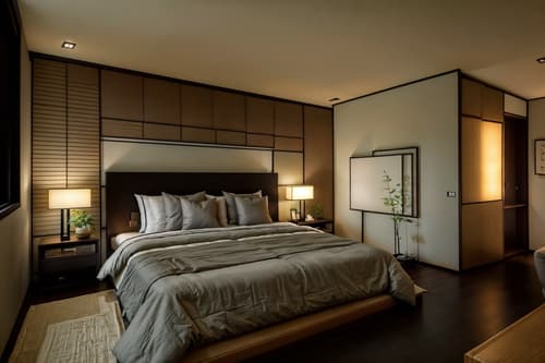 Photo from Pinterest of Zen-style interior designed (bedroom interior) With plant and dresser closet and bed and mirror and night light and bedside table or night stand and headboard and storage bench or ottoman. . With calm and neutral colors and clean lines and serenity and harmony and Japanese interior and Asian zen interior and Japanese minimalist interior and Asian zen interior and natural textures. . Cinematic photo, highly detailed, cinematic lighting, ultra-detailed, ultrarealistic, photorealism, 8k. Trending on Pinterest. Zen interior design style