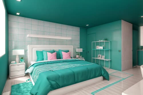 Photo from Pinterest of Vaporwave-style interior designed (bedroom interior) With bed and accent chair and storage bench or ottoman and headboard and bedside table or night stand and mirror and plant and dresser closet. . With white square bathroom tiles and teal colors and palm trees and neon glow and white square bathroom tiles and white square bathroom tiles and bright pink and baby blue. . Cinematic photo, highly detailed, cinematic lighting, ultra-detailed, ultrarealistic, photorealism, 8k. Trending on Pinterest. Vaporwave interior design style