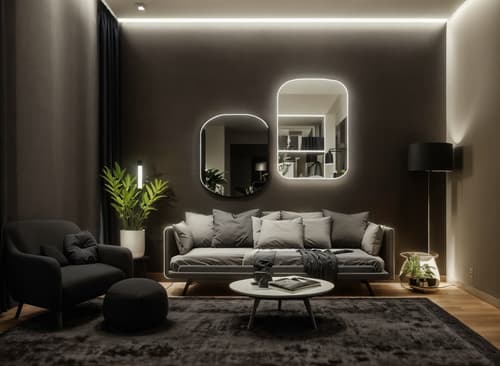 Photo from Pinterest of Contemporary-style interior designed (bedroom interior) With night light and headboard and bedside table or night stand and storage bench or ottoman and mirror and plant and bed and dresser closet. . With . . Cinematic photo, highly detailed, cinematic lighting, ultra-detailed, ultrarealistic, photorealism, 8k. Trending on Pinterest. Contemporary interior design style