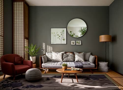 Photo from Pinterest of Zen-style interior designed (bedroom interior) With storage bench or ottoman and bed and accent chair and headboard and bedside table or night stand and night light and mirror and plant. . With natural light and serenity and harmony and clutter free and clean lines and mimimalist and Asian zen interior and Japanese minimalist interior and Japanese interior. . Cinematic photo, highly detailed, cinematic lighting, ultra-detailed, ultrarealistic, photorealism, 8k. Trending on Pinterest. Zen interior design style