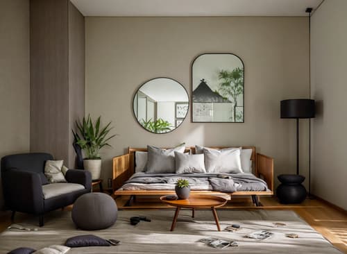 Photo from Pinterest of Zen-style interior designed (bedroom interior) With storage bench or ottoman and bed and accent chair and headboard and bedside table or night stand and night light and mirror and plant. . With natural light and serenity and harmony and clutter free and clean lines and mimimalist and Asian zen interior and Japanese minimalist interior and Japanese interior. . Cinematic photo, highly detailed, cinematic lighting, ultra-detailed, ultrarealistic, photorealism, 8k. Trending on Pinterest. Zen interior design style