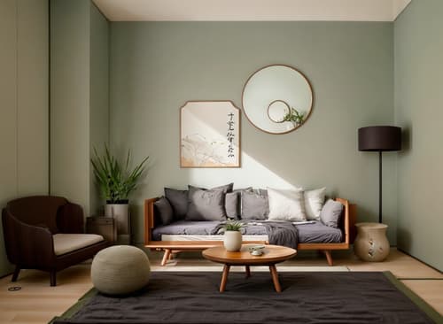 Photo from Pinterest of Zen-style interior designed (bedroom interior) With bedside table or night stand and headboard and night light and plant and storage bench or ottoman and mirror and accent chair and dresser closet. . With Japanese minimalist interior and clutter free and mimimalist and Asian zen interior and Asian zen interior and simple furniture and natural textures and Japanese minimalist interior. . Cinematic photo, highly detailed, cinematic lighting, ultra-detailed, ultrarealistic, photorealism, 8k. Trending on Pinterest. Zen interior design style