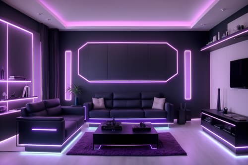 Photo from Pinterest of Cyberpunk-style interior designed living room home interior With strong geometric walls and synthwave and synthetic objects and purple and blue lights and futuristic cybernetic details and surrealist paintings and neon signs and minimalist. With sofa and chairs and occasional tables and coffee tables and bookshelves and televisions and electric lamps and rug and plant and furniture. Cinematic photo, highly detailed, cinematic lighting, ultra-detailed, ultrarealistic, photorealism, 8k. Trending on Pinterest. Cyberpunk interior design style