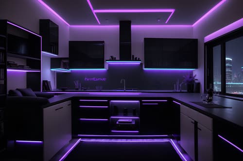 Photo from Pinterest of Cyberpunk-style interior designed living room home interior With black lights and purple and blue lights and synthetic objects and minimalist and futuristic cybernetic details and futuristic cybernetic city and synthwave and color lights glow. With sofa and chairs and occasional tables and coffee tables and bookshelves and televisions and electric lamps and rug and plant and furniture. Cinematic photo, highly detailed, cinematic lighting, ultra-detailed, ultrarealistic, photorealism, 8k. Trending on Pinterest. Cyberpunk interior design style