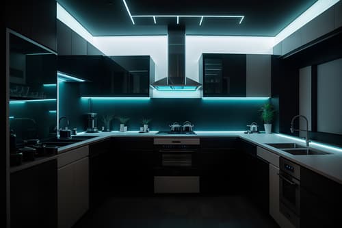Photo from Pinterest of Cyberpunk-style interior designed kitchen home interior With clean straight square lines and minimalist and futuristic cybernetic details and synthwave and color lights glow and futuristic cybernetic city and black lights and bladerunner lights. With stove and sink and plant and refrigerator and worktops and kitchen cabinets. Cinematic photo, highly detailed, cinematic lighting, ultra-detailed, ultrarealistic, photorealism, 8k. Trending on Pinterest. Cyberpunk interior design style