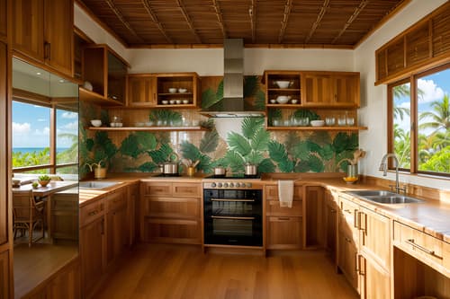 Photo from Pinterest of Tropical-style interior designed kitchen home interior With palm leaves and lattice prints and wicker and rattan and bamboo and cane motifs and teak and palm trees. With stove and sink and plant and refrigerator and worktops and kitchen cabinets. Cinematic photo, highly detailed, cinematic lighting, ultra-detailed, ultrarealistic, photorealism, 8k. Trending on Pinterest. Tropical interior design style