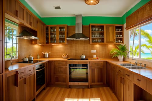 Photo from Pinterest of Tropical-style interior designed kitchen home interior With palm leaves and lattice prints and wicker and rattan and bamboo and cane motifs and teak and palm trees. With stove and sink and plant and refrigerator and worktops and kitchen cabinets. Cinematic photo, highly detailed, cinematic lighting, ultra-detailed, ultrarealistic, photorealism, 8k. Trending on Pinterest. Tropical interior design style