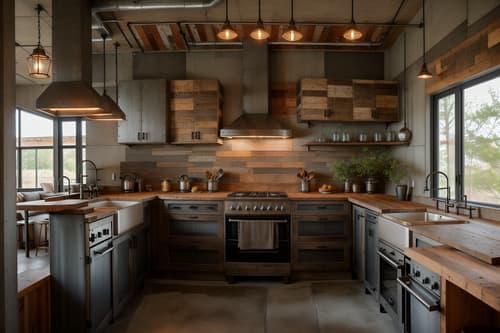Photo from Pinterest of Industrial-style interior designed kitchen home interior With reclaimed wood and neutral tones and metal panels and raw aesthetic and utilitarian objects and exposed brick and exposed concrete and exposed rafters. With stove and sink and plant and refrigerator and worktops and kitchen cabinets. Cinematic photo, highly detailed, cinematic lighting, ultra-detailed, ultrarealistic, photorealism, 8k. Trending on Pinterest. Industrial interior design style
