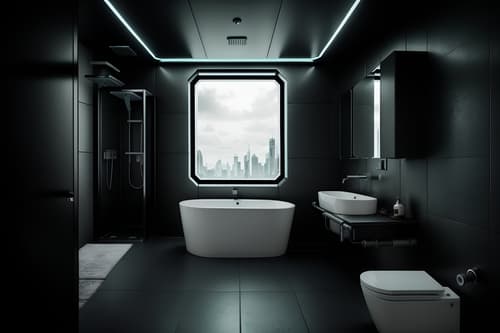 Photo from Pinterest of Cyberpunk-style interior designed bath room home interior With cyberpunk lights and military uniforms and gear and cyberpunk style and dark night and futuristic cybernetic details and bladerunner style and synthetic objects and clean straight square lines. With mirror and bathroom sink with faucet and bathtub and waste basket and toilet seat and bath towel and plant and bathroom cabinet and bath rail and shower. Cinematic photo, highly detailed, cinematic lighting, ultra-detailed, ultrarealistic, photorealism, 8k. Trending on Pinterest. Cyberpunk interior design style
