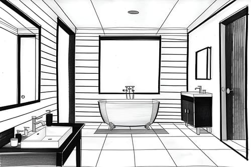 (Hand-drawn monochrome black and white sketch line drawing)++ of Sketch-style interior designed (bath room) apartment interior. A sketch of interior. With . A sketch of interior. With mirror and bathroom sink with faucet and bathtub. Trending on Artstation. Black and white line drawing sketch without colors.