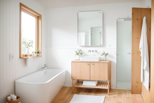 Photo from Pinterest of Airbnb-style interior designed bath room home interior With Simple, Clean Lines and Simplistic Furniture and Practicality and Functionality and Natural Materials and Elements and Scandinavian style and Simple Color Palette and Open and Natural Lighting and Neutral Walls and Textures and Simple, Clean Lines and Simplistic Furniture. With mirror and bathroom sink with faucet and bathtub and waste basket and toilet seat and bath towel and plant and bathroom cabinet and bath rail and shower. Cinematic photo, highly detailed, cinematic lighting, ultra-detailed, ultrarealistic, photorealism, 8k. Trending on Pinterest. Airbnb interior design style