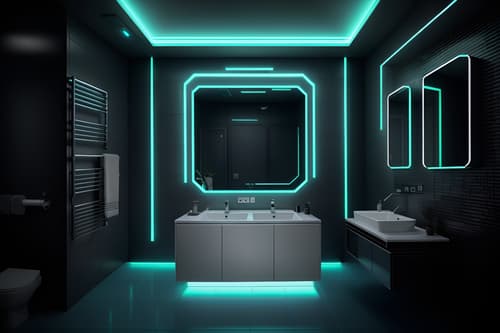 Photo from Pinterest of Cyberpunk-style interior designed bath room home interior With synthwave and led lights and surrealist paintings and military uniforms and gear and color lights glow and clean straight square lines and bladerunner lights and futuristic cybernetic city. With mirror and bathroom sink with faucet and bathtub and waste basket and toilet seat and bath towel and plant and bathroom cabinet and bath rail and shower. Cinematic photo, highly detailed, cinematic lighting, ultra-detailed, ultrarealistic, photorealism, 8k. Trending on Pinterest. Cyberpunk interior design style