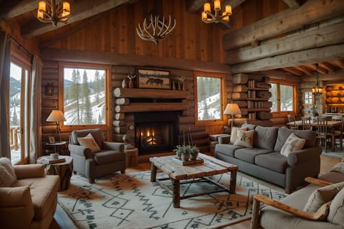 Photo from Pinterest of Ski chalet-style interior designed living room home interior With hanging wall elk antler and exposed construction beams and stone fireplace and animal rugs and wooden logs and rustic and layered textiles and animal motifs. With sofa and chairs and occasional tables and coffee tables and bookshelves and televisions and electric lamps and rug and plant and furniture. Cinematic photo, highly detailed, cinematic lighting, ultra-detailed, ultrarealistic, photorealism, 8k. Trending on Pinterest. Ski chalet interior design style