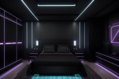 Photo from Pinterest of Cyberpunk-style interior designed bedroom home interior With military uniforms and gear and dark night and led lights and futuristic cybernetic city and synthetic objects and clean straight square lines and strong geometric walls and synthwave. With bed and headboard and bedside table or night stand and dresser closet and plant and storage bench or ottoman and accent chair and night light and mirror. Cinematic photo, highly detailed, cinematic lighting, ultra-detailed, ultrarealistic, photorealism, 8k. Trending on Pinterest. Cyberpunk interior design style
