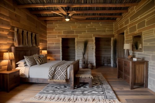 Photo from Pinterest of Tribal-style interior designed bedroom home interior With animal prints and planks of stone and smooth worn timbers and animal furslinen and desert colours and intricate grass weaving and exuberant splashes of colour and tribal revival. With bed and headboard and bedside table or night stand and dresser closet and plant and storage bench or ottoman and accent chair and night light and mirror. Cinematic photo, highly detailed, cinematic lighting, ultra-detailed, ultrarealistic, photorealism, 8k. Trending on Pinterest. Tribal interior design style