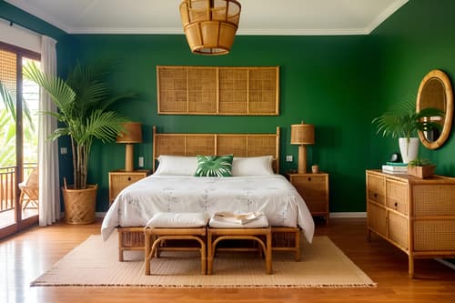 Photo from Pinterest of Tropical-style interior designed bedroom home interior With cane motifs and lattice prints and bamboo and rattan and palm trees and teak and wicker and palm leaves. With bed and headboard and bedside table or night stand and dresser closet and plant and storage bench or ottoman and accent chair and night light and mirror. Cinematic photo, highly detailed, cinematic lighting, ultra-detailed, ultrarealistic, photorealism, 8k. Trending on Pinterest. Tropical interior design style