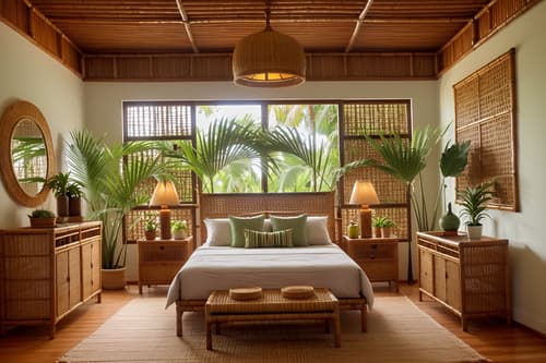Photo from Pinterest of Tropical-style interior designed bedroom home interior With cane motifs and lattice prints and bamboo and rattan and palm trees and teak and wicker and palm leaves. With bed and headboard and bedside table or night stand and dresser closet and plant and storage bench or ottoman and accent chair and night light and mirror. Cinematic photo, highly detailed, cinematic lighting, ultra-detailed, ultrarealistic, photorealism, 8k. Trending on Pinterest. Tropical interior design style