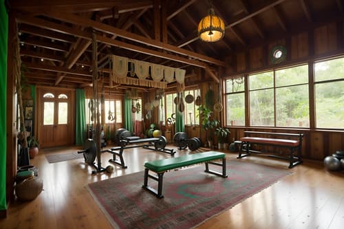 Photo from Pinterest of Bohemian-style interior designed (gym) home interior With bench press and squat rack and dumbbell stand and exercise bicycle and crosstrainer and bench press. . With lush green nature and playful colors and metals and animal hides and playful textures and woods and a lack of structure and travel trinkets. . Cinematic photo, highly detailed, cinematic lighting, ultra-detailed, ultrarealistic, photorealism, 8k. Trending on Pinterest. Bohemian interior design style