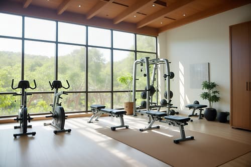 Photo from Pinterest of Biophilic-style interior designed (gym interior) With crosstrainer and squat rack and dumbbell stand and bench press and exercise bicycle and crosstrainer. . With fresh air and linen materials and cork materials and calming style and plants and images of animals and ceramic materials and natural elements. . Cinematic photo, highly detailed, cinematic lighting, ultra-detailed, ultrarealistic, photorealism, 8k. Trending on Pinterest. Biophilic interior design style