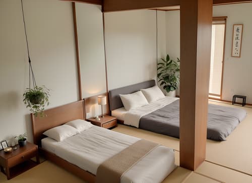 Photo from Pinterest of Zen-style interior designed (bedroom interior) With plant and bed and night light and accent chair and bedside table or night stand and mirror and storage bench or ottoman and headboard. . With clutter free and Japanese minimalist interior and natural light and simplicity and simple furniture and Asian zen interior and Asian zen interior and calm and neutral colors. . Cinematic photo, highly detailed, cinematic lighting, ultra-detailed, ultrarealistic, photorealism, 8k. Trending on Pinterest. Zen interior design style